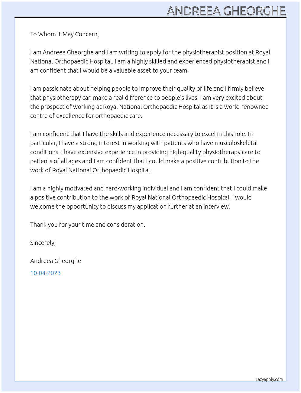 physiotherapist At Royal National Orthopaedic Hospital Cover Letter