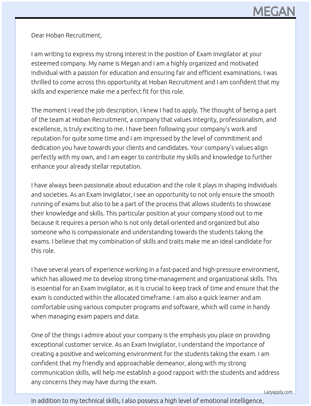 Exam invigilator  At Hoban recruitment Cover Letter
