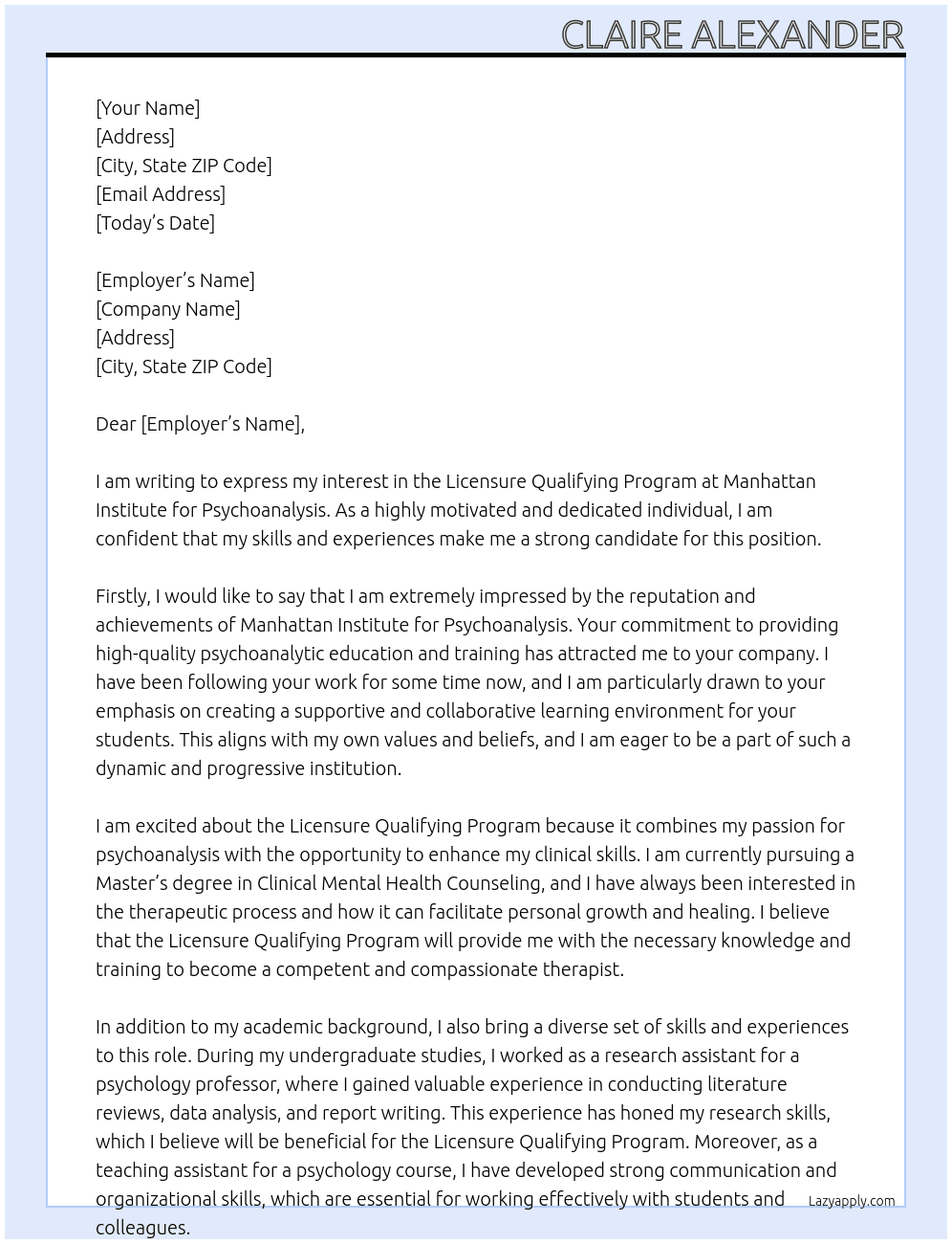 Licensure Qualifying Program At Manhattan Institute for Psychoanalysis Cover Letter