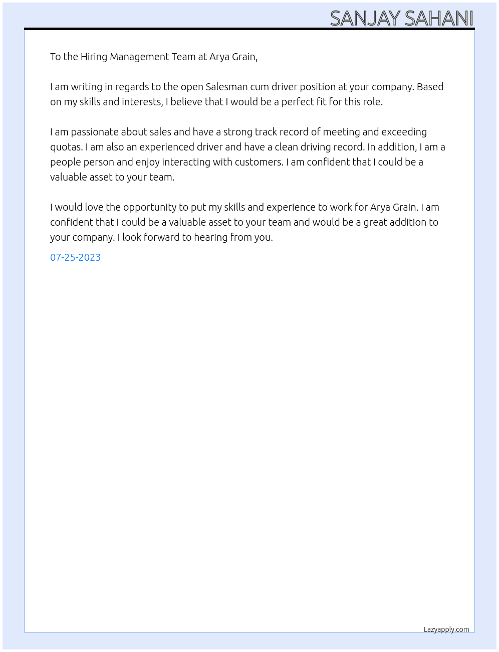 Salesman cum driver At Arya grain Cover Letter