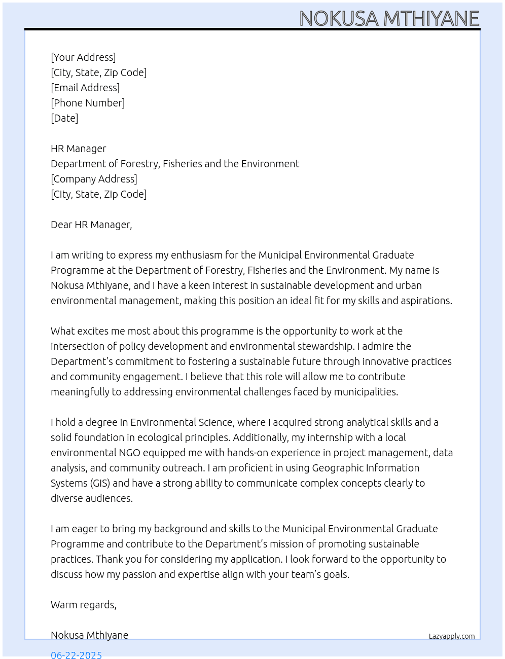 Municipal Environmental Graduate Programme At Department of Forestry, Fisheries and the Environment  Cover Letter
