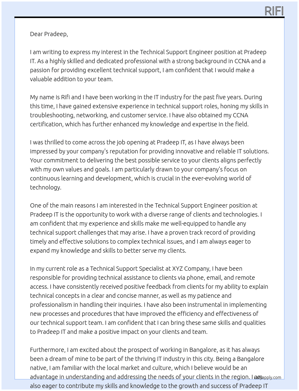 Technical support engineer  At Pradeep IT Cover Letter