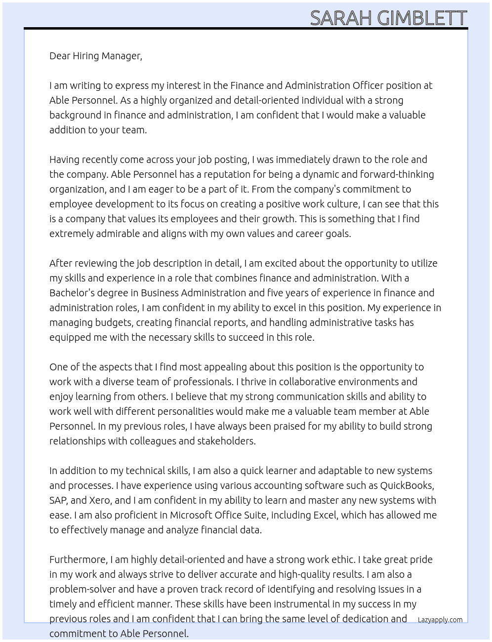 Finance and Administration Officer At Able Personnel Cover Letter