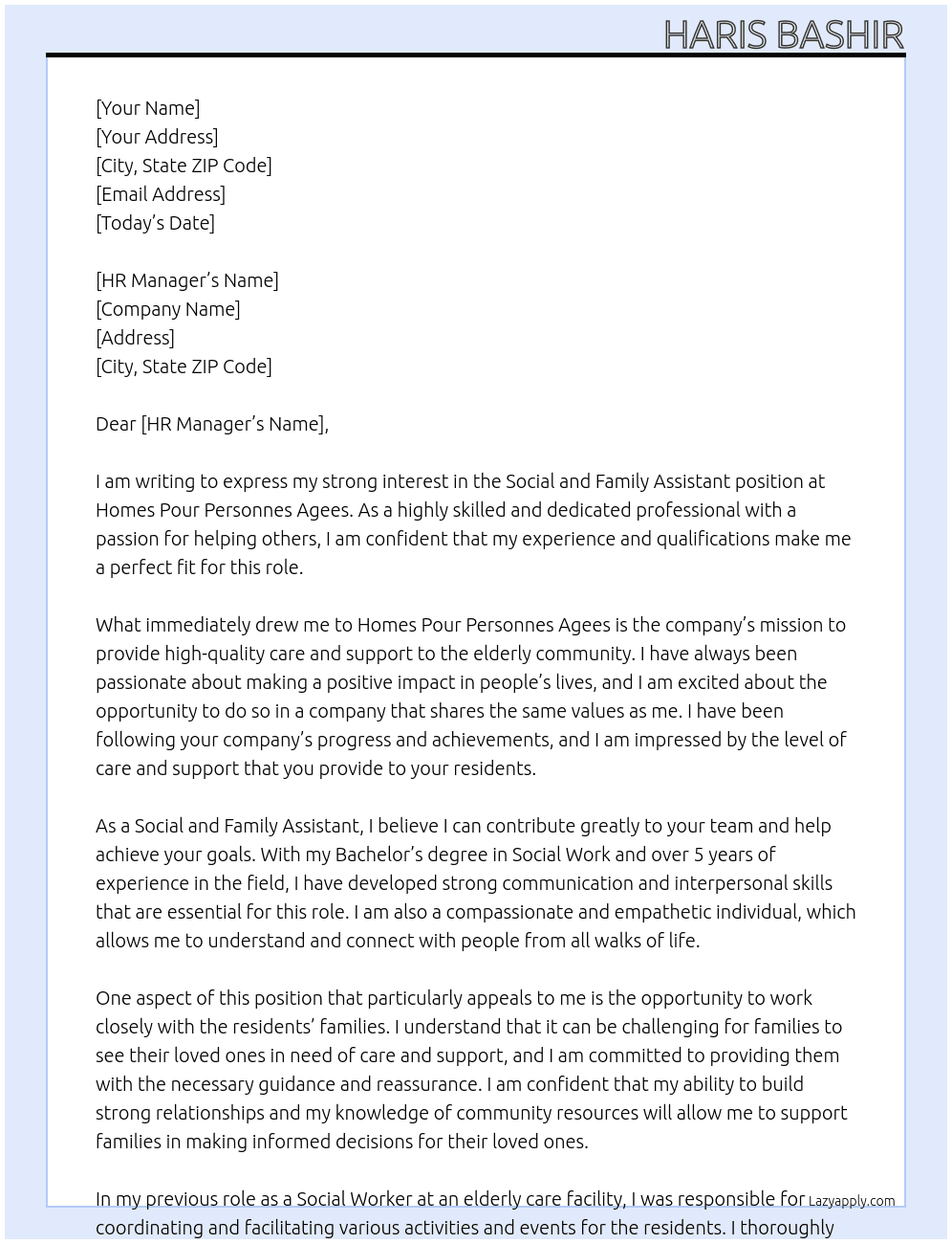 Social and family assistant At Homes Pour Personnes Agees Cover Letter