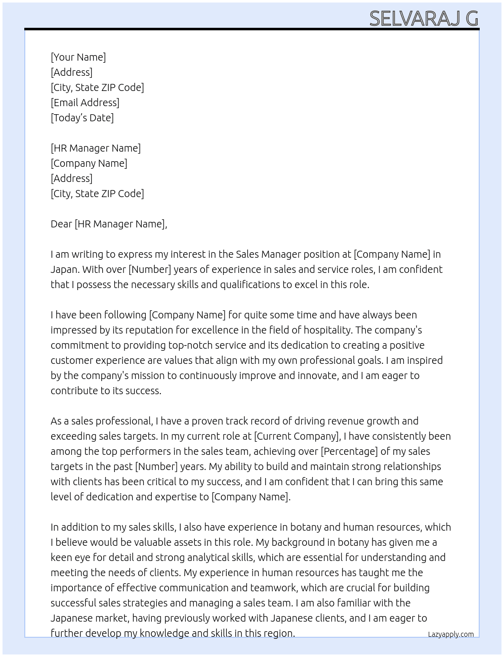 Sales Manager At Japan Cover Letter