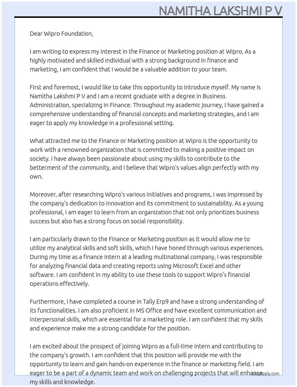 Finance or Marketing At Wipro Cover Letter