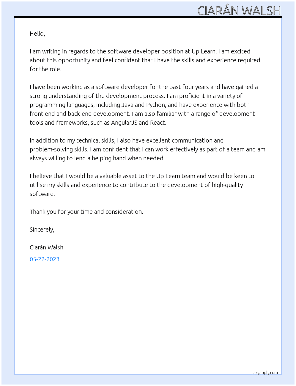 Software Developer At Up Learn Cover Letter