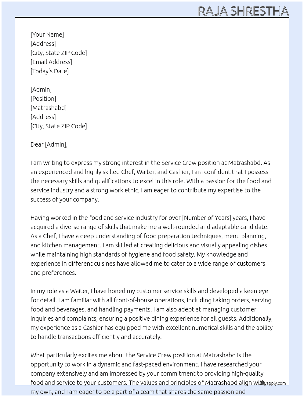 Service crew At Matrashabd  Cover Letter