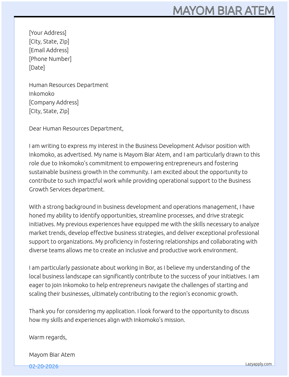 Business Development Advisor At Inkomoko Cover Letter