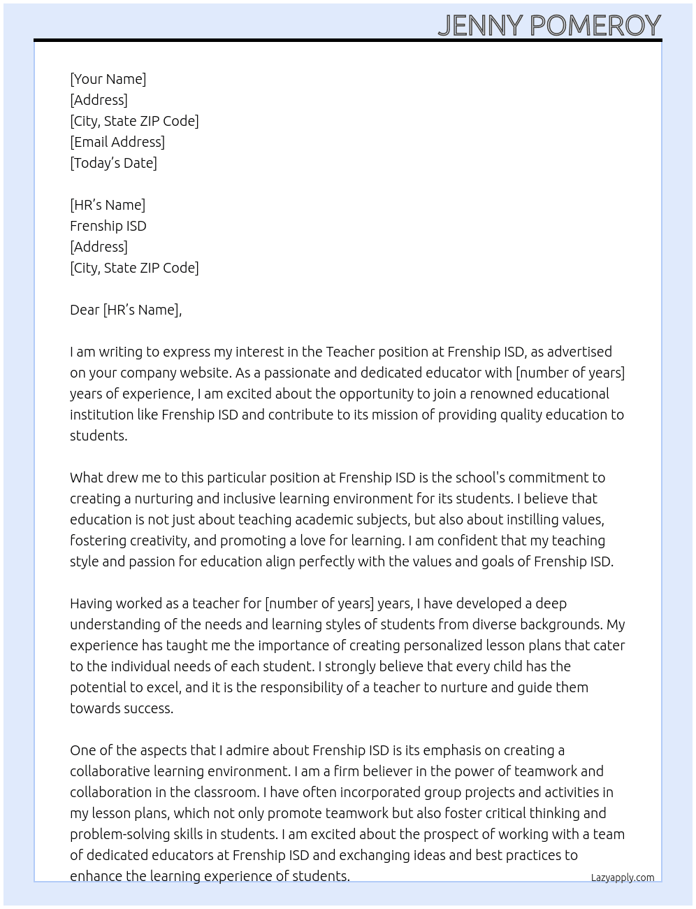 Teacher At Frenship ISD Cover Letter