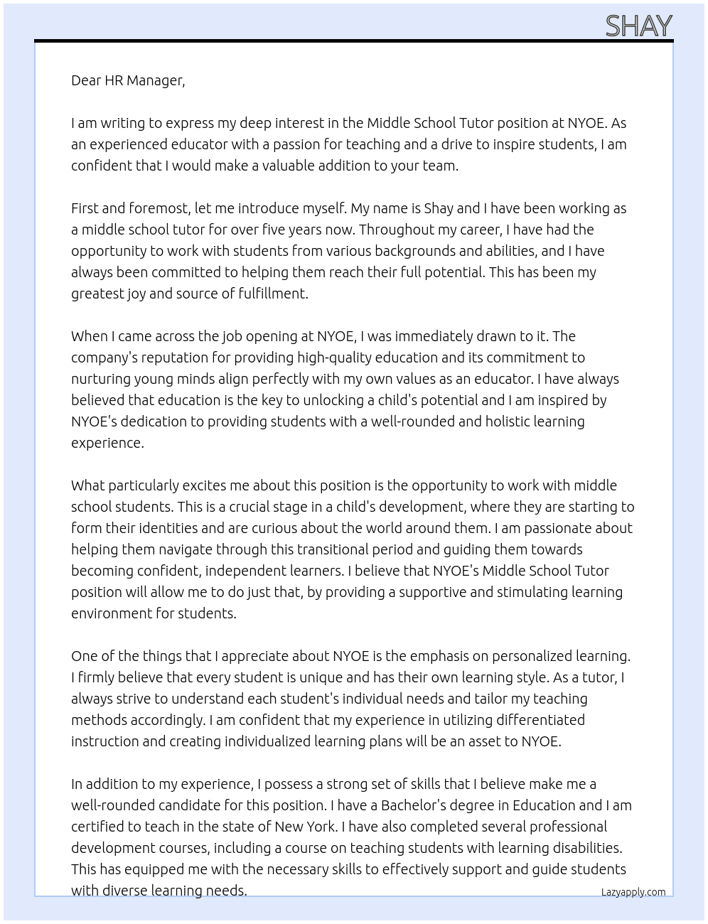 Middle School Tutor At NYOE Cover Letter