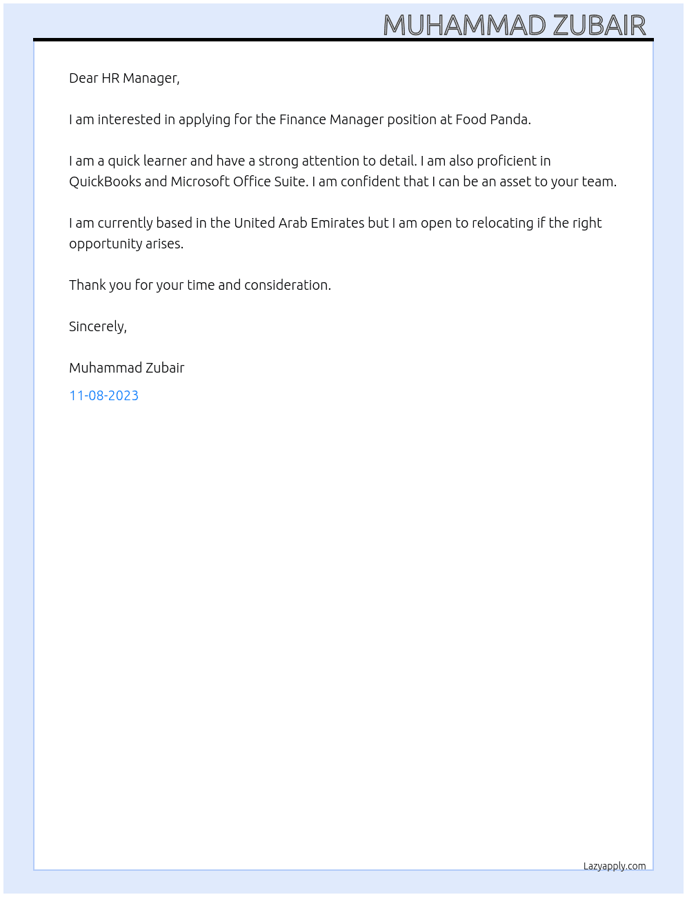 Finance Manager At Food Panda Cover Letter