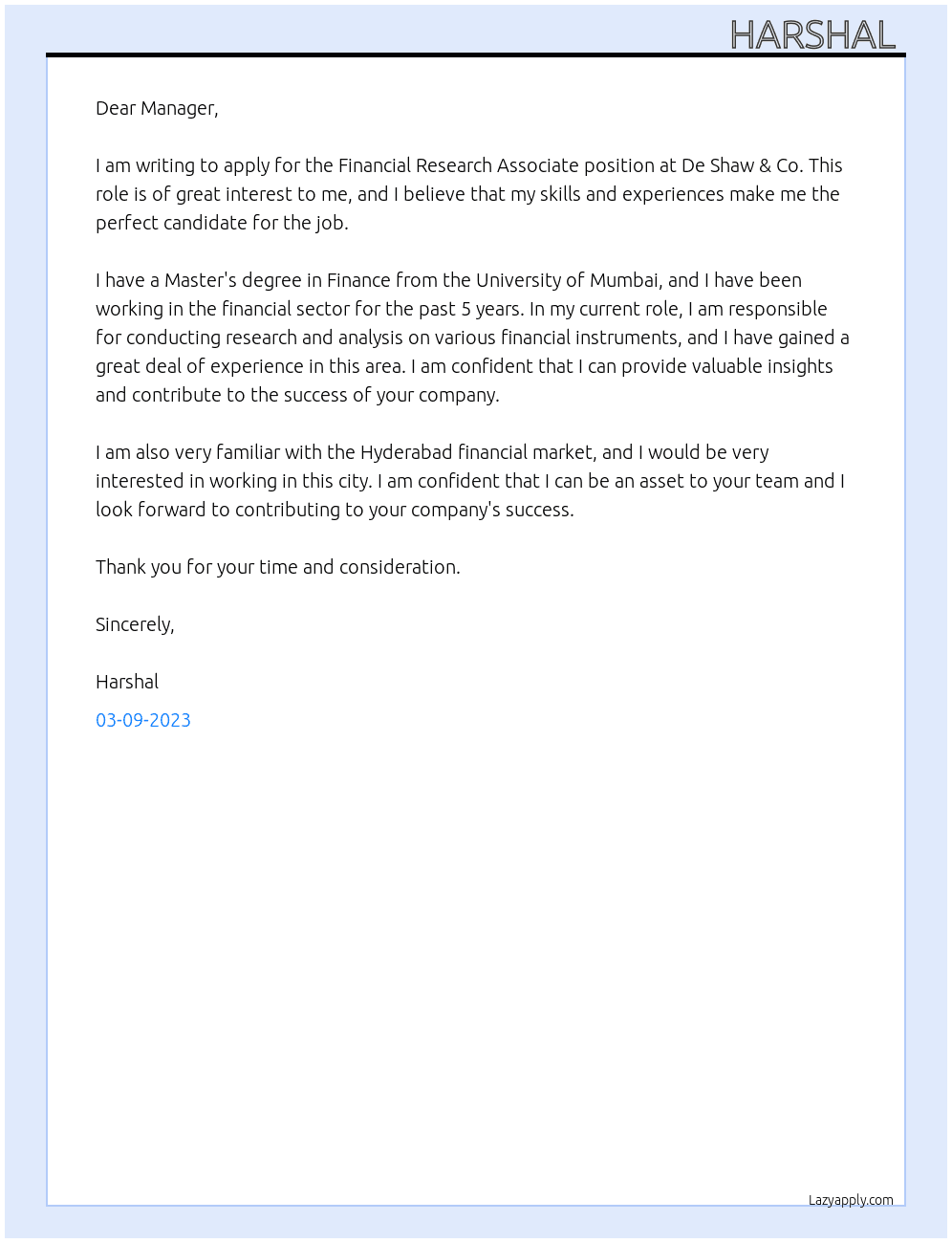 Financial Research Associate At De Shaw & Co Cover Letter