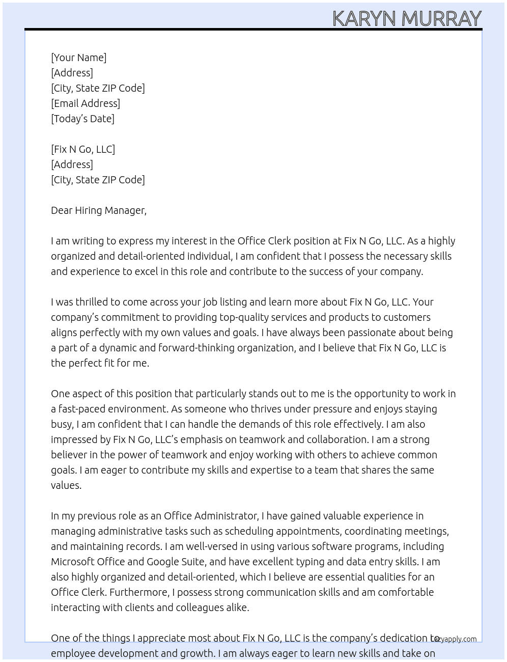 Office Clerk At Office Clerk Cover Letter