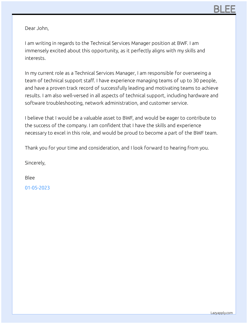 Technical services manager  At bwf  Cover Letter