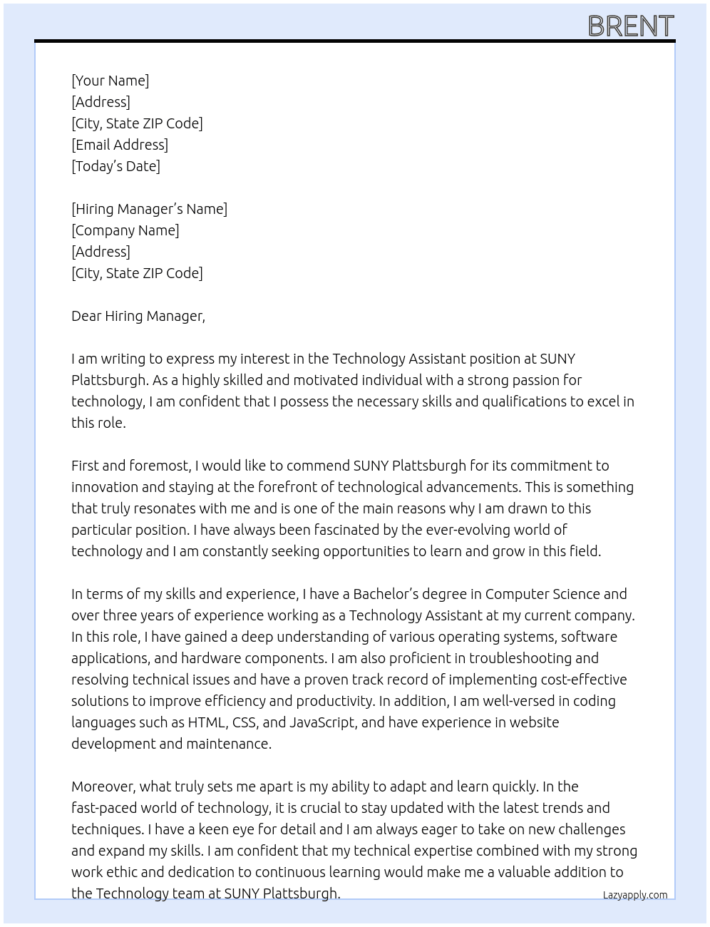Technology assistant At SUNY Plattsburgh  Cover Letter