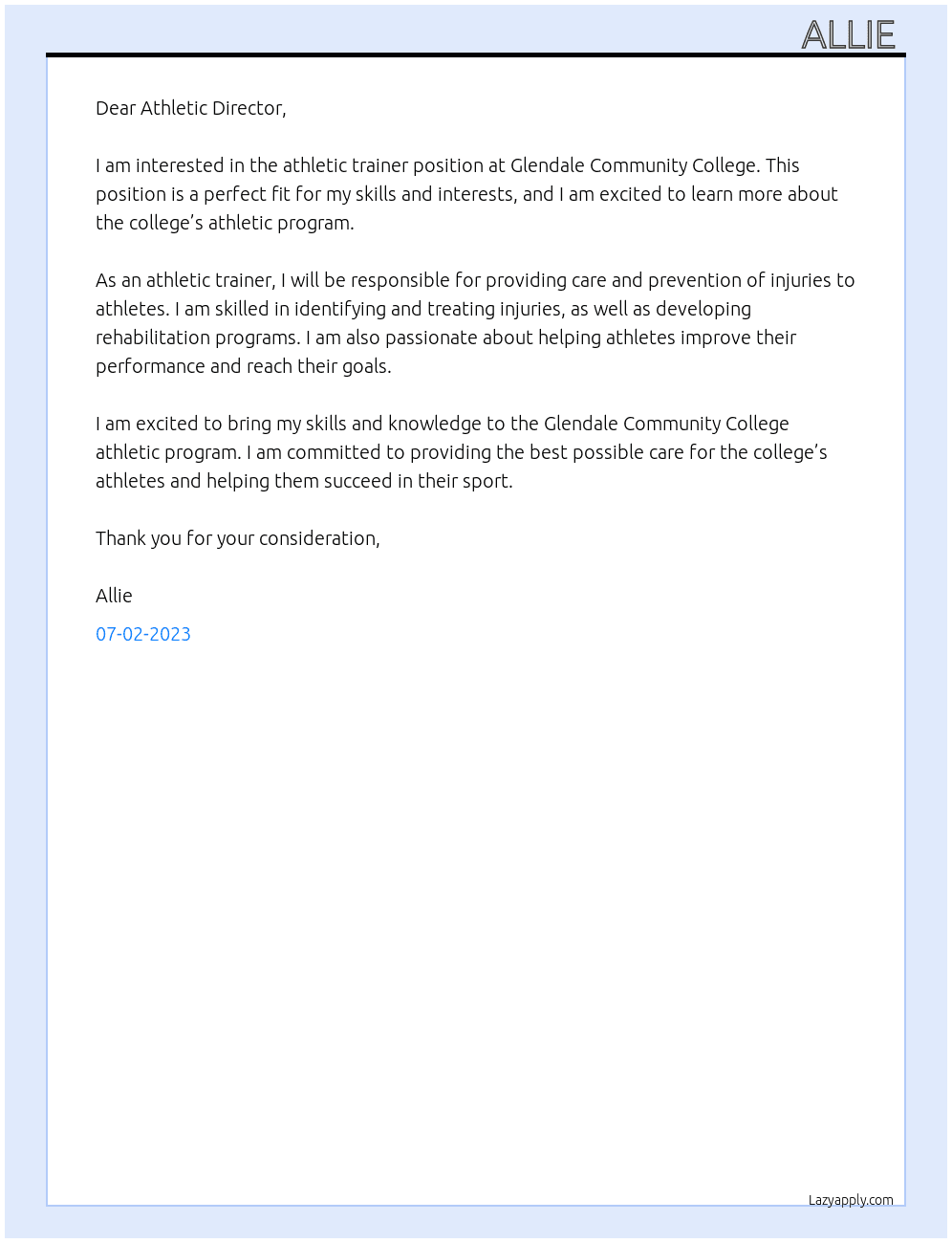 athletic trainer At Glendale Community College Cover Letter
