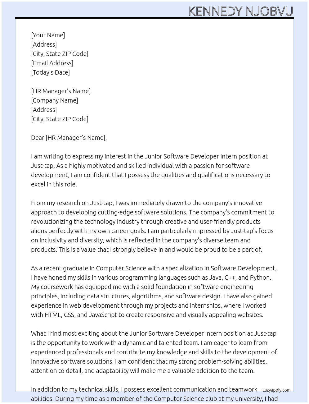 Junior Software Developer Intern At Just-tap Cover Letter