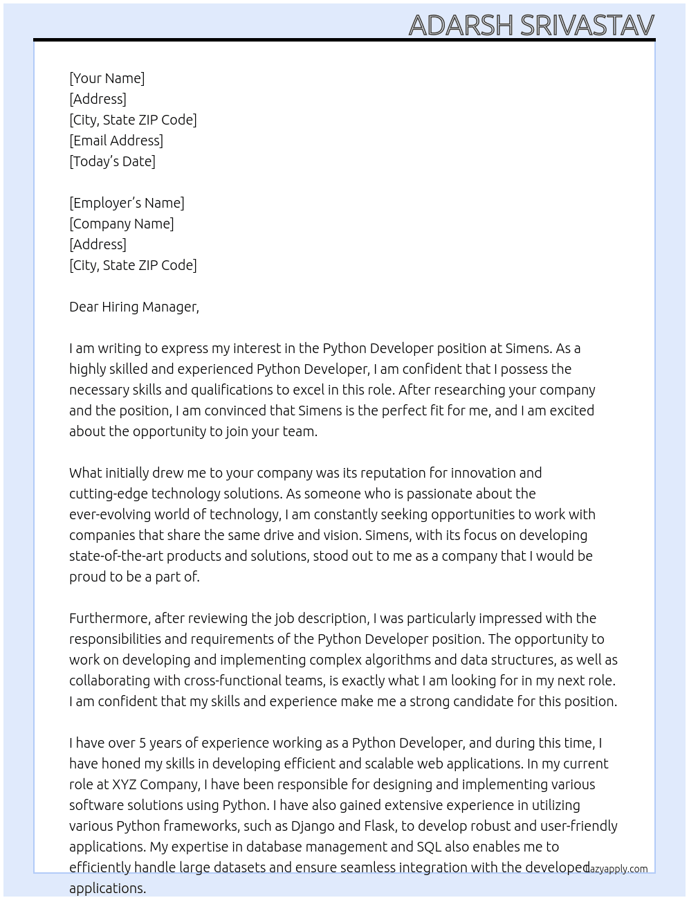 Python Developer At Simens Cover Letter