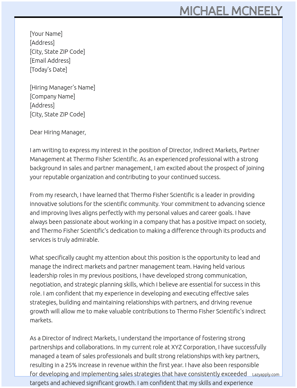 Director, Indirect Markets, Partner Management At Thermo Fisher Scientific Cover Letter