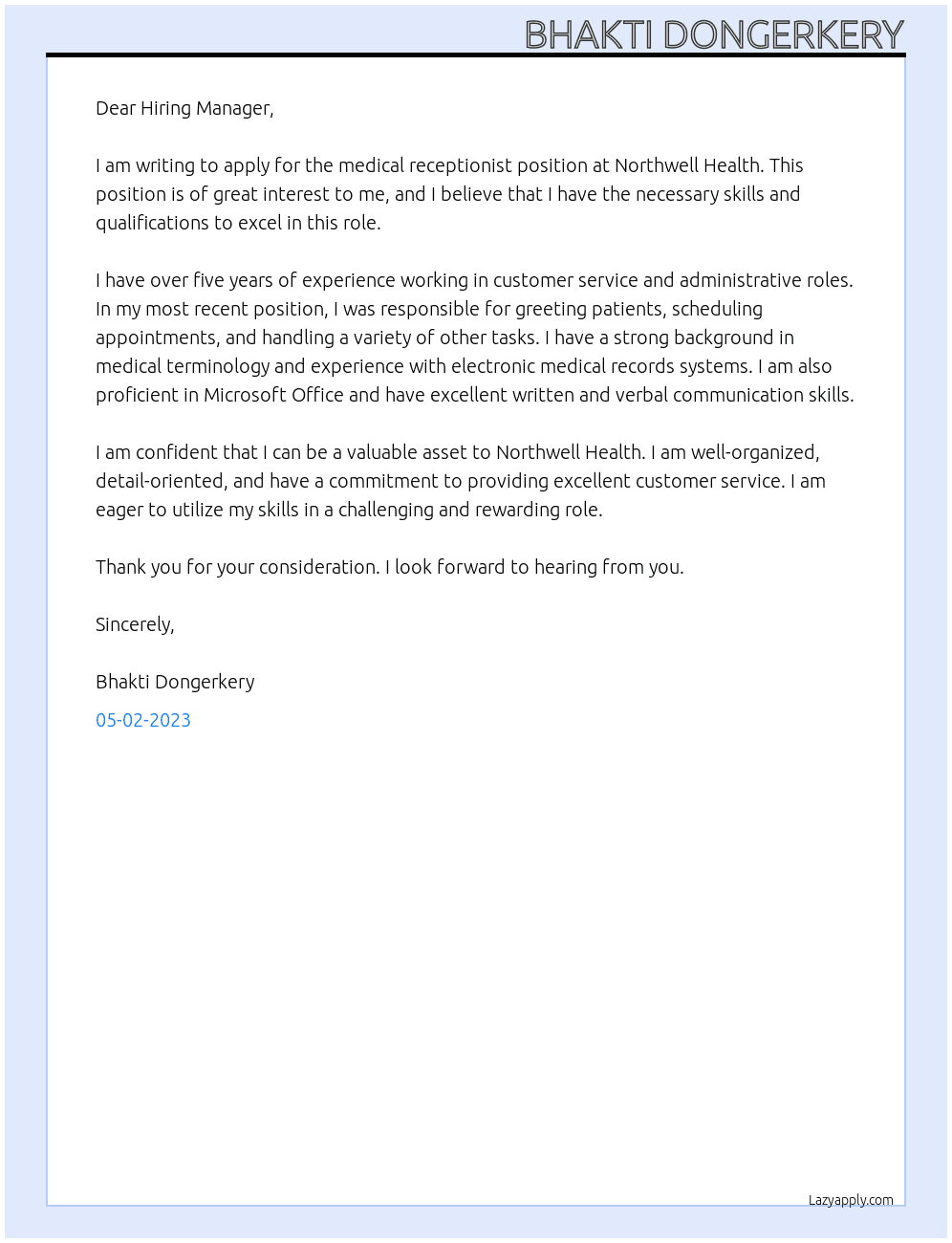 Medical Receptionist At Northwell Health Cover Letter