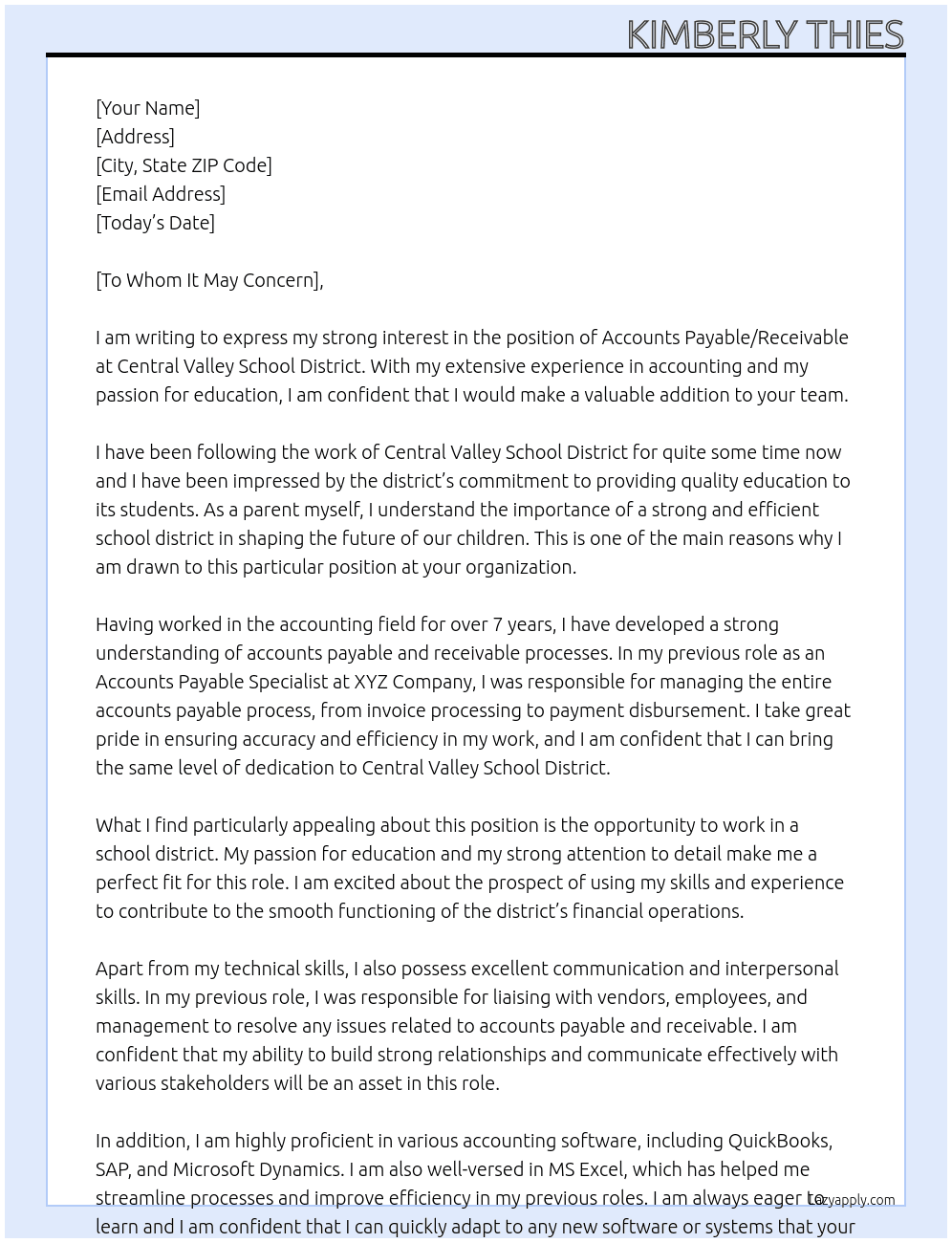 Accounts Payable / Receivable At Central Valley School District Cover Letter
