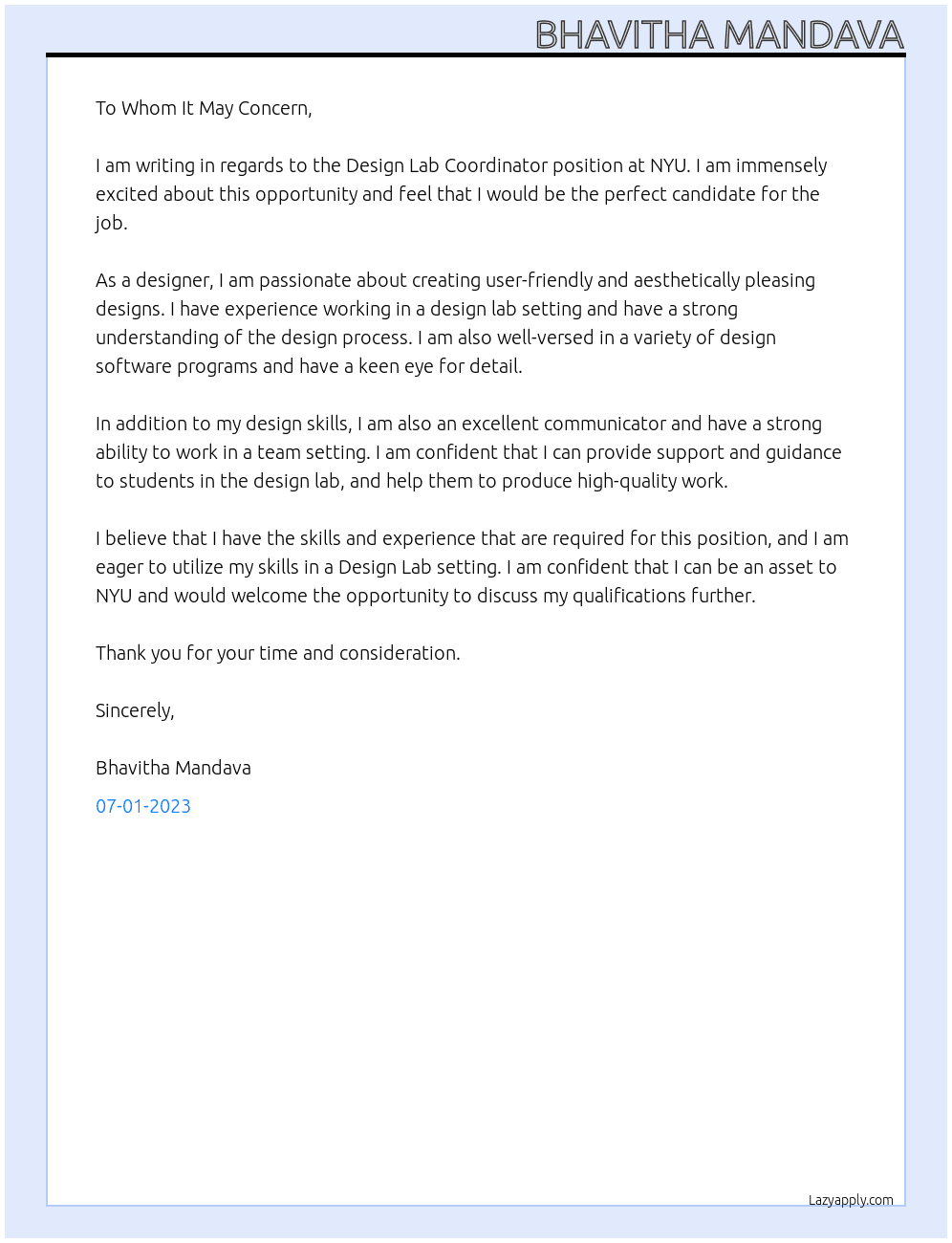 Design Lab Coordinator At  Design Lab Cover Letter