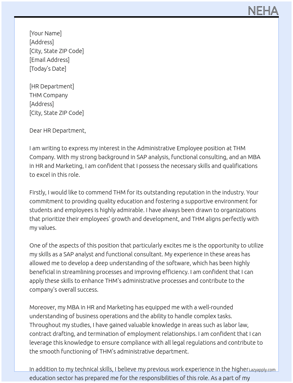 Administrative employee At THM Cover Letter