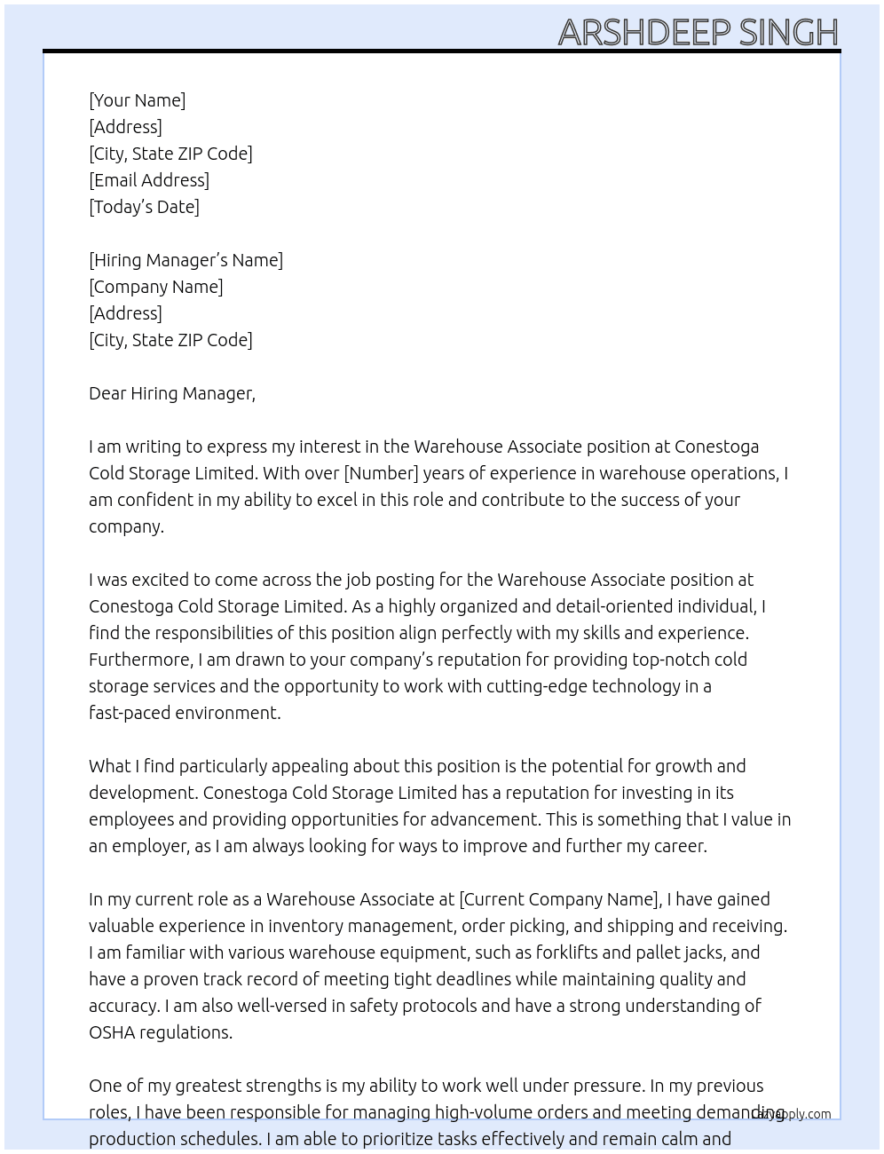 Warehouse Associate At Conestoga Cold Storage limited Cover Letter