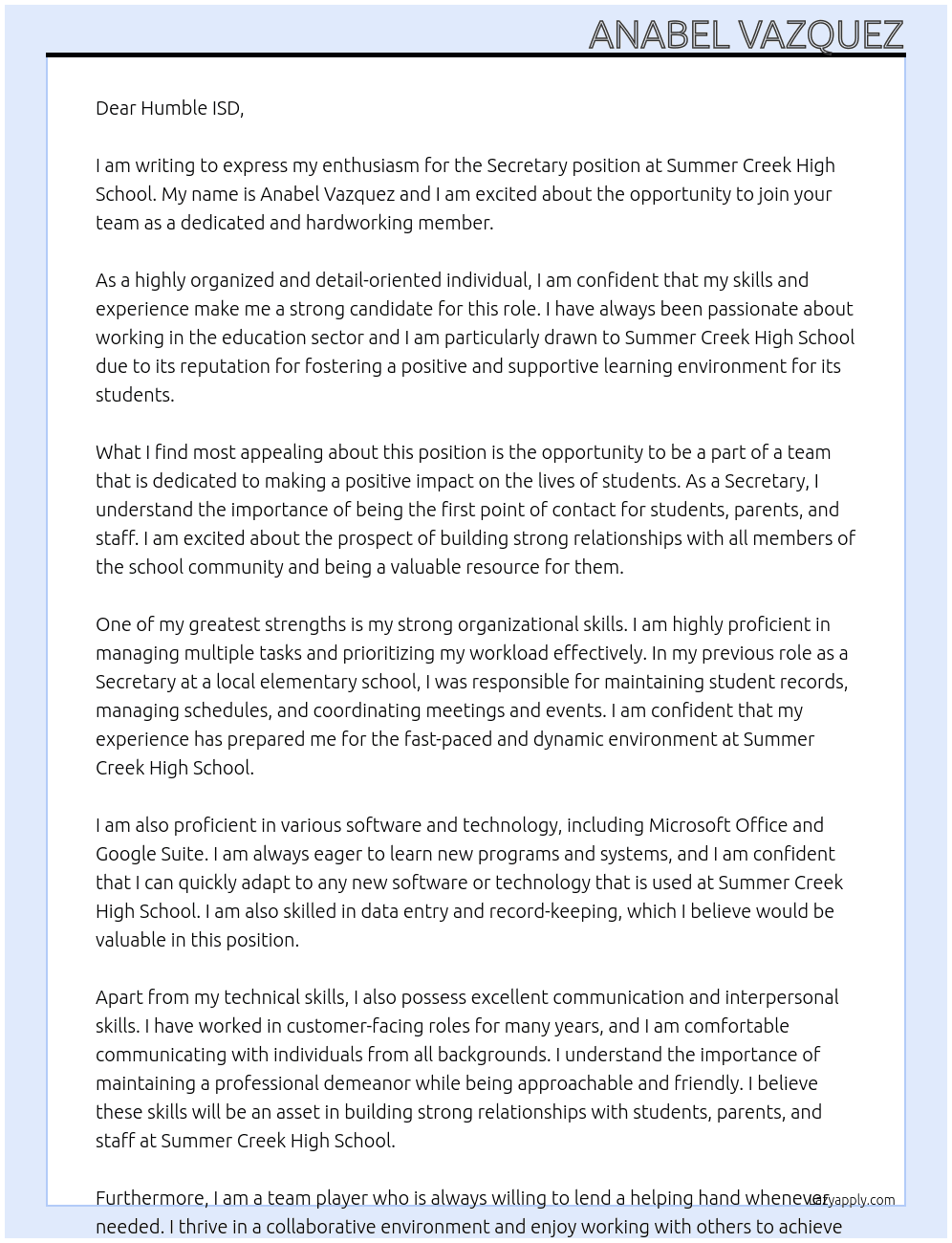 Secretary At Summer Creek High School  Cover Letter