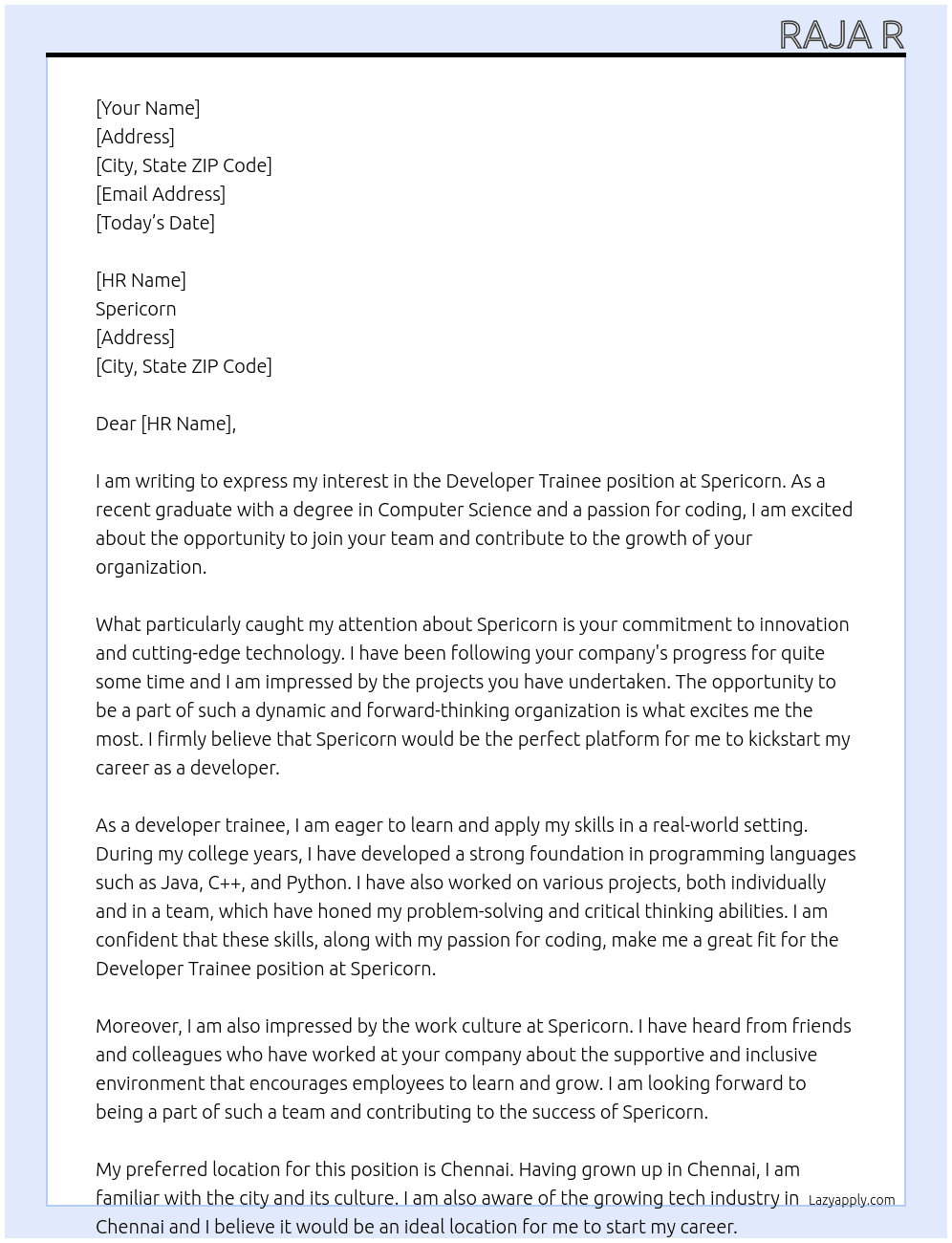 Developer trainee  At Spericorn  Cover Letter