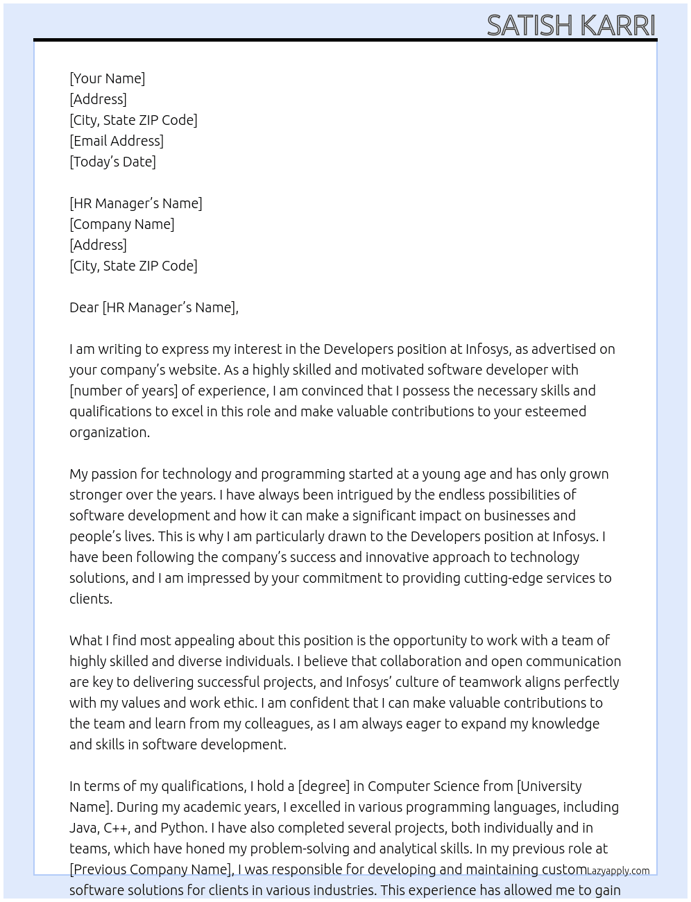 Developers At Infosys  Cover Letter