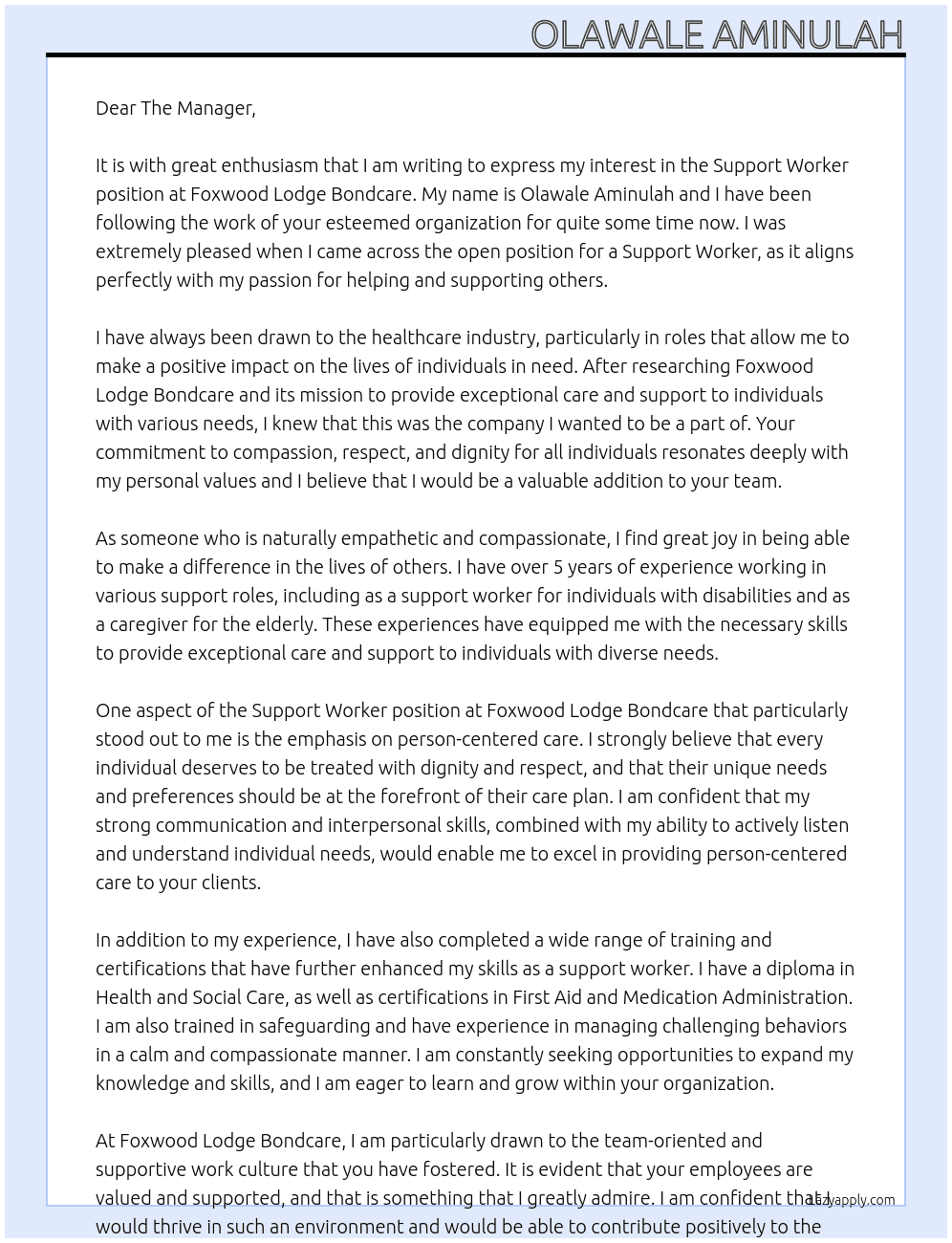 Support Worker At Foxwood Lodge Bondcare Cover Letter