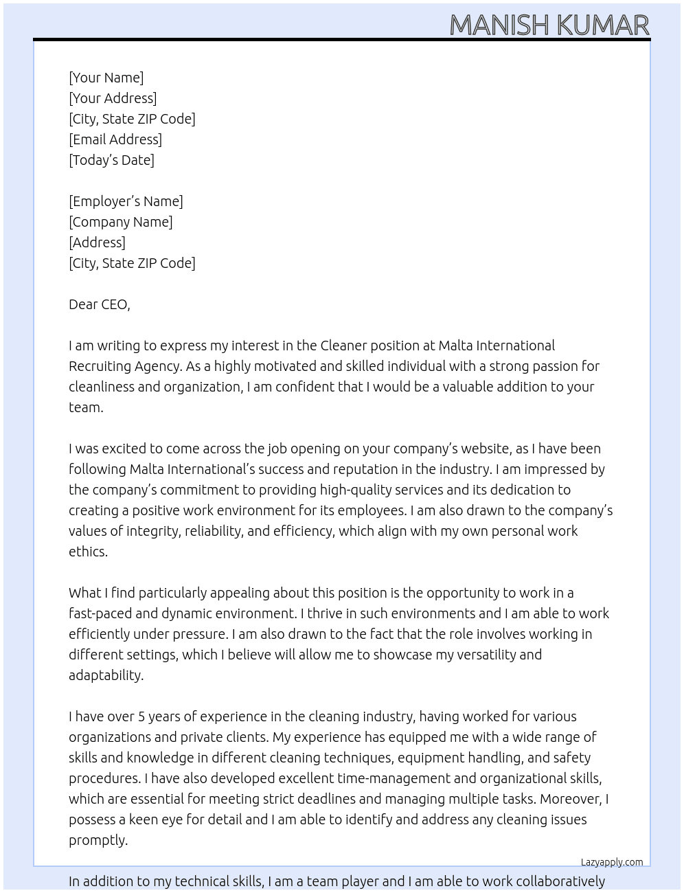 cleaner At MALTA INTERNATIONAL RECRUITING AGENCY Cover Letter