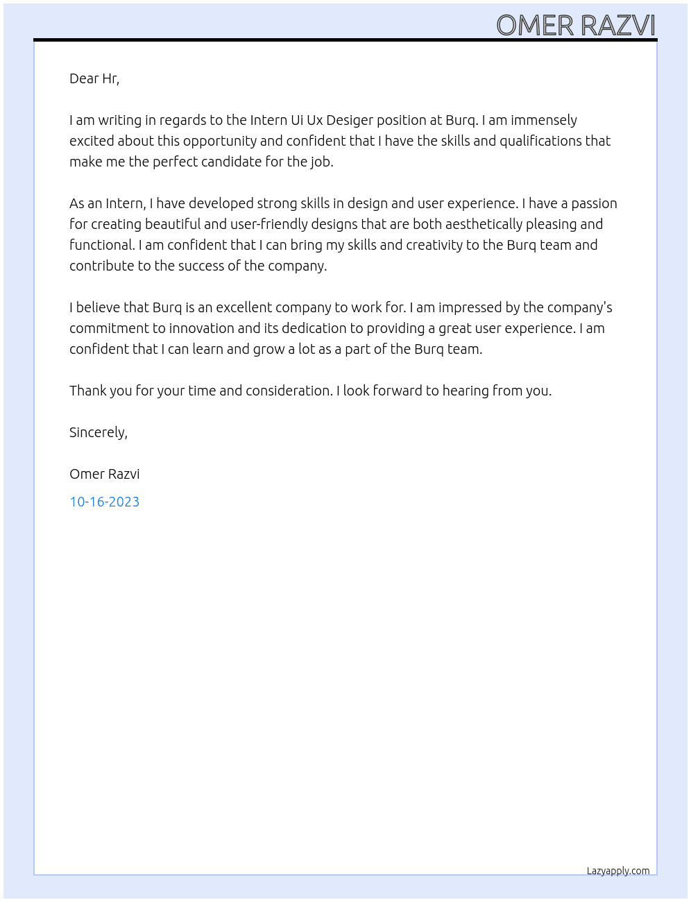 Intern Ui Ux Desiger At Burq Cover Letter