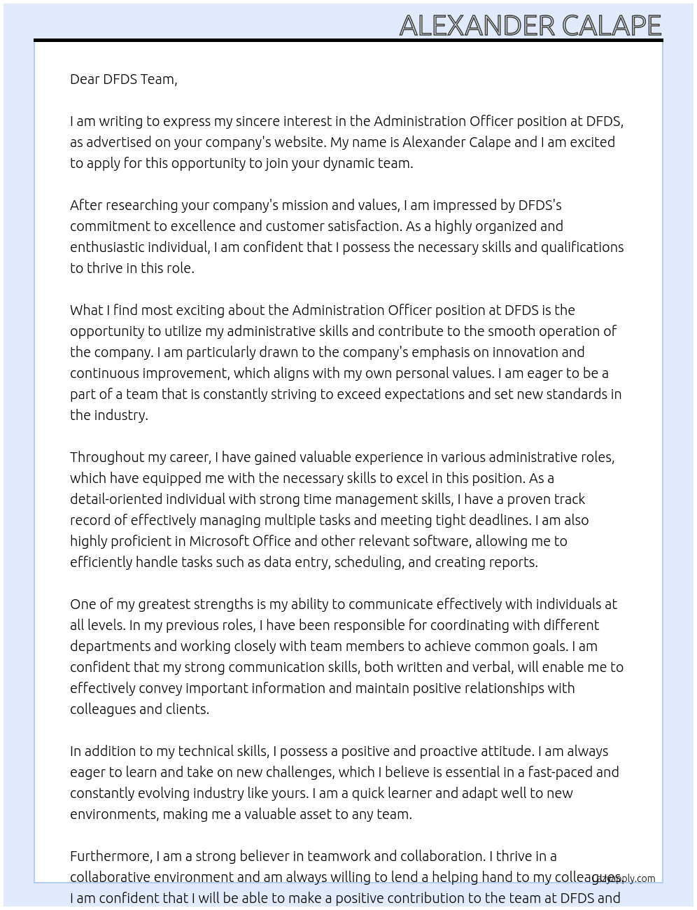 Administration Officer At DFDS Cover Letter