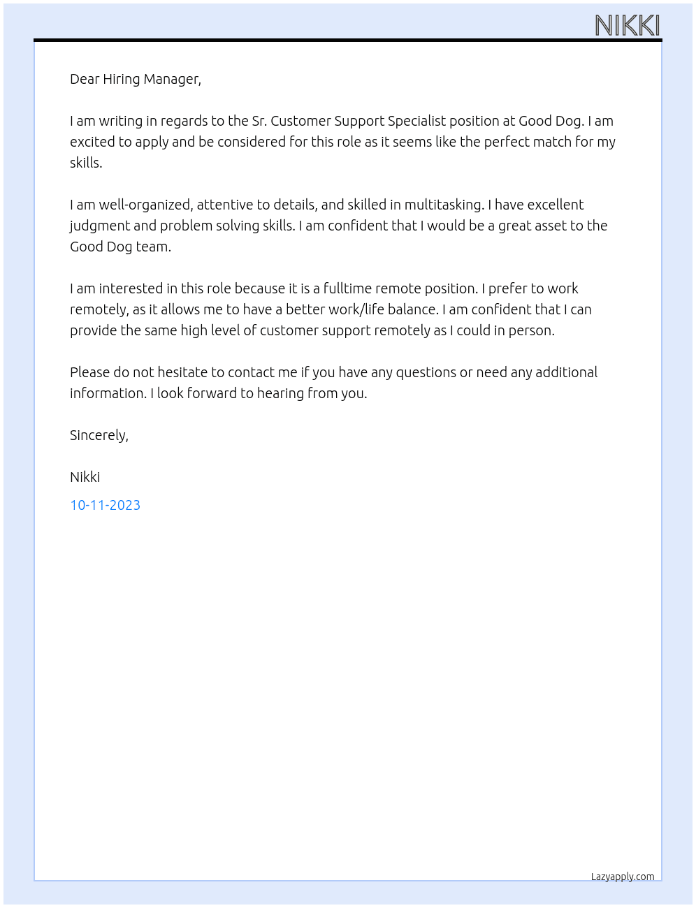 Sr. Customer Support Specialist, Remote At Good Dog Cover Letter
