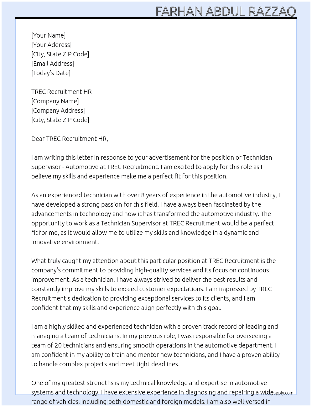 Cover letter for technician supervisor - automotive - LazyApply