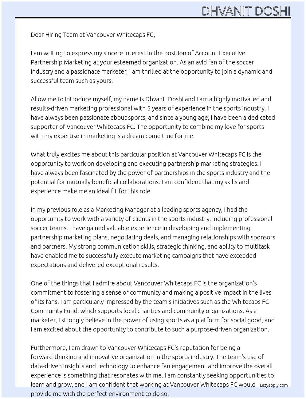 Account Executive Partnership Marketing At Vancouver Whitecaps FC  Cover Letter