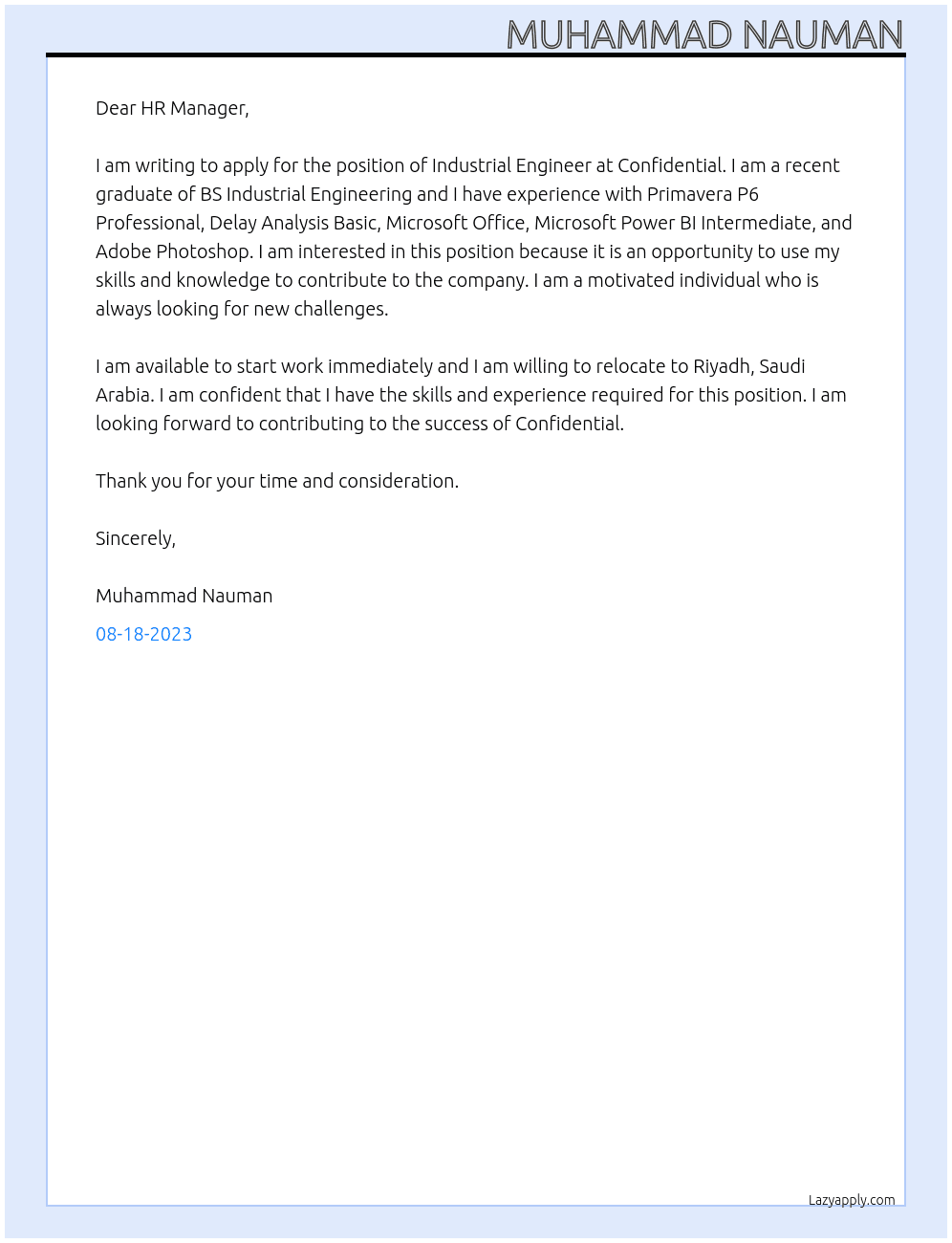 Industrial Engineer At Confidential Cover Letter