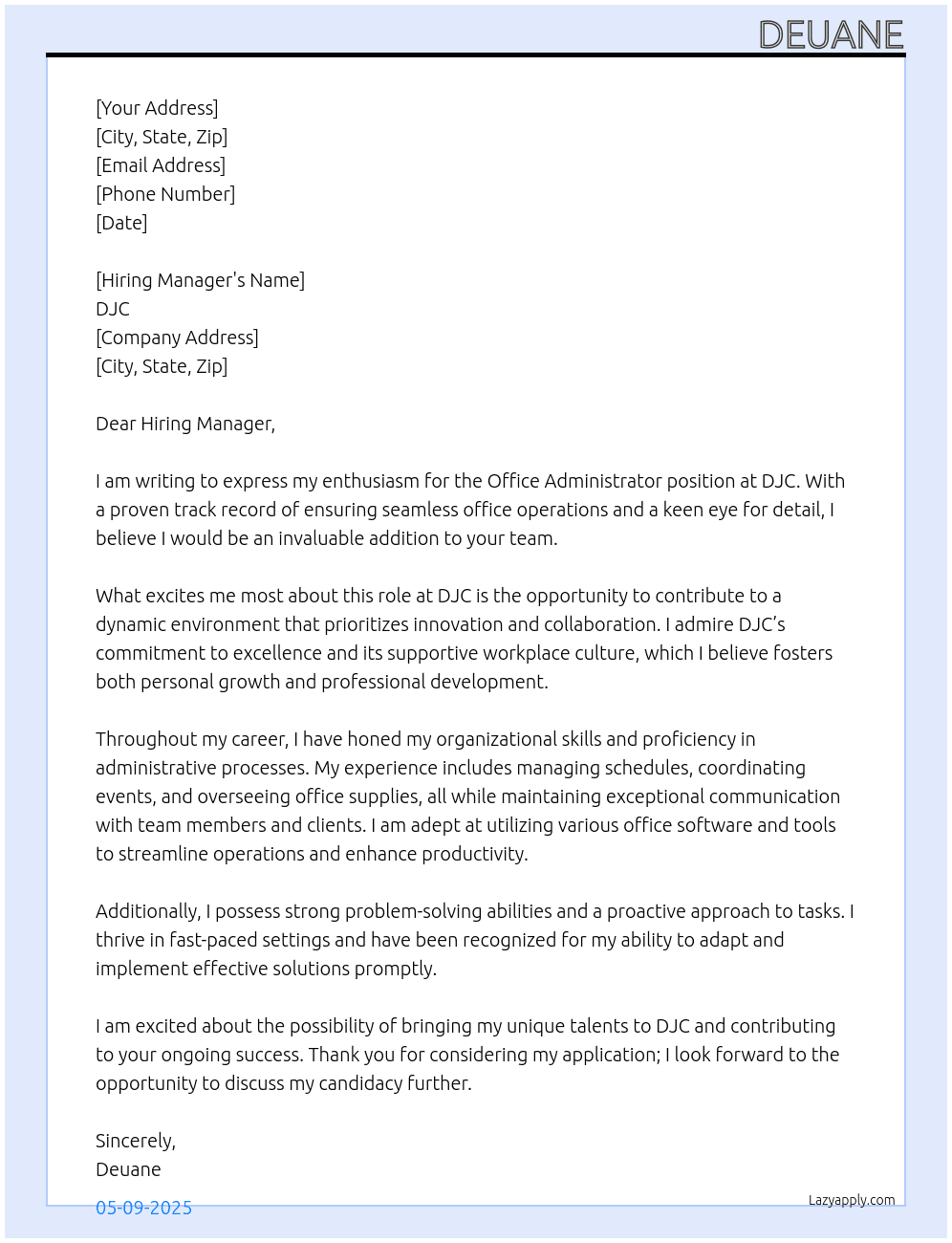 Office administrator  At DJC Cover Letter