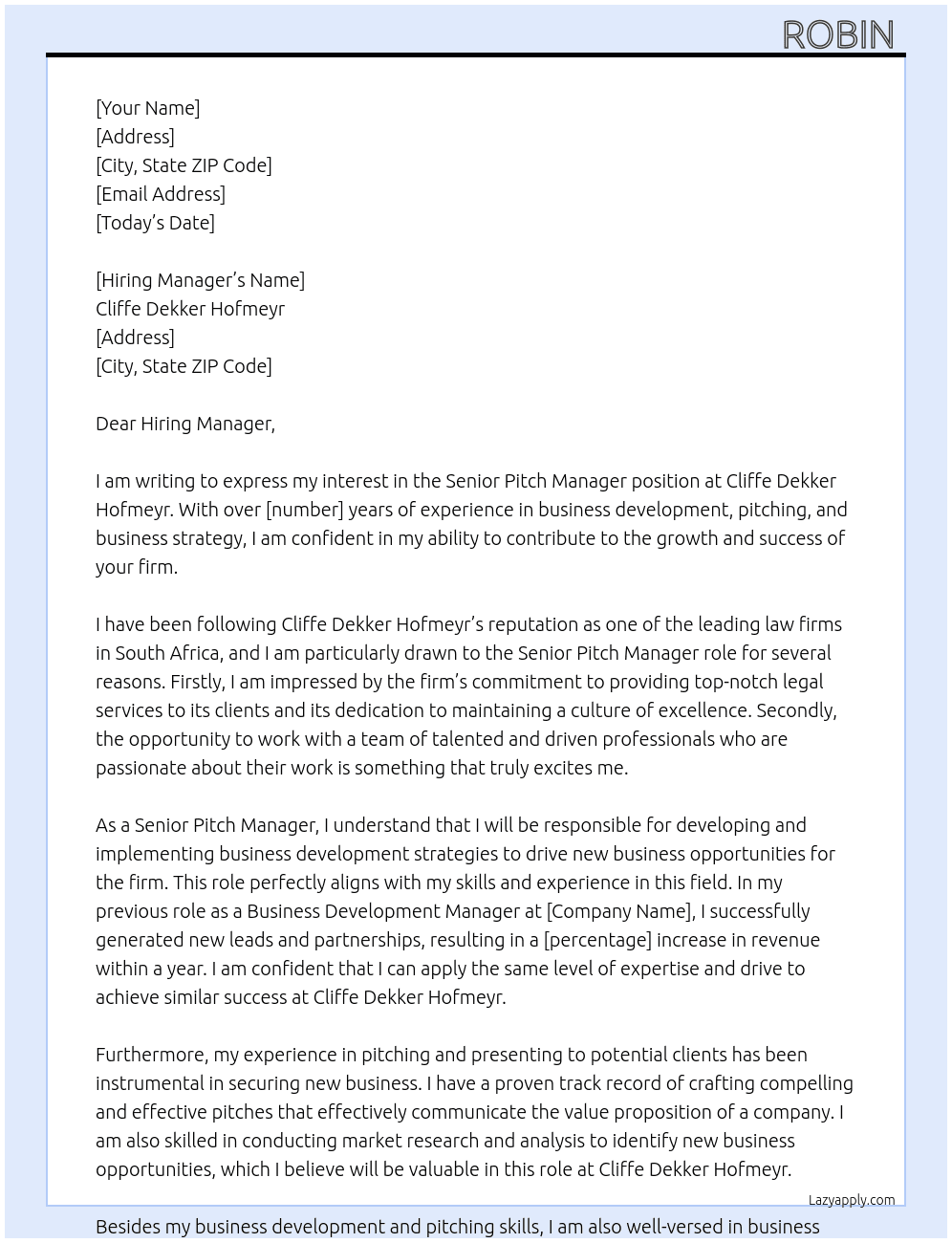 Senior Pitch Manager At Cliffe Dekker Hofmeyr  Cover Letter