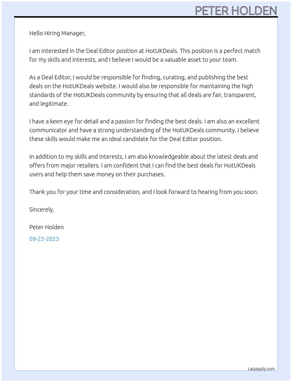 Deal editor At HotUKDeals Cover Letter