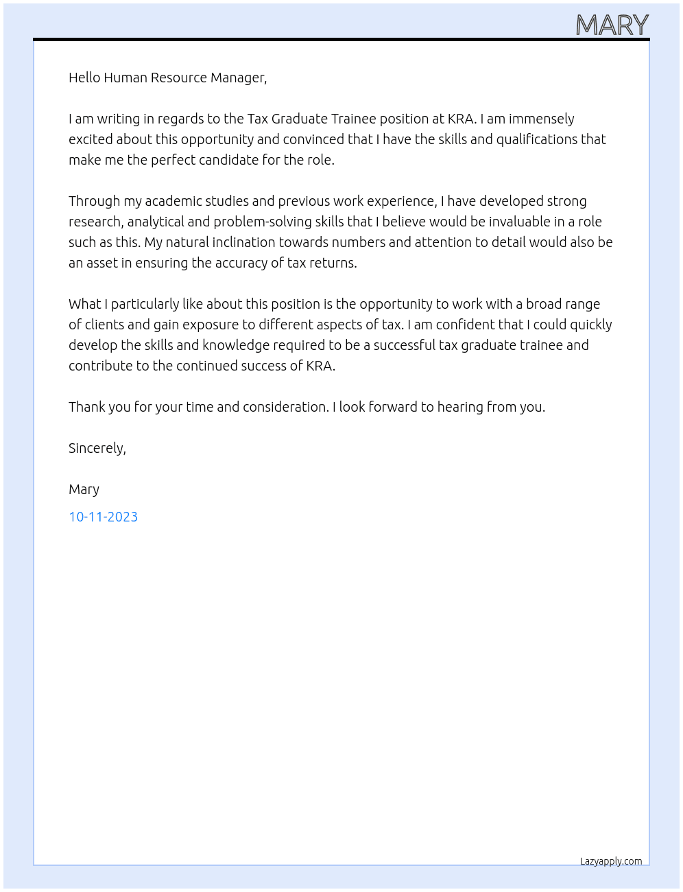 TAX GRADUATE TRAINEE At KRA Cover Letter