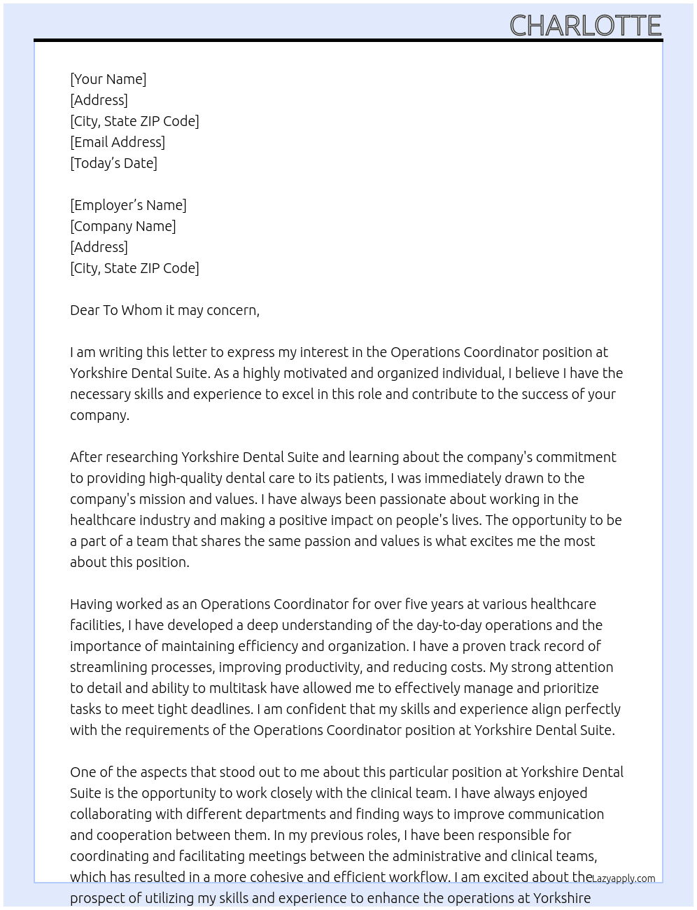 operations coordinator At Yorkshire Dental Suite Cover Letter