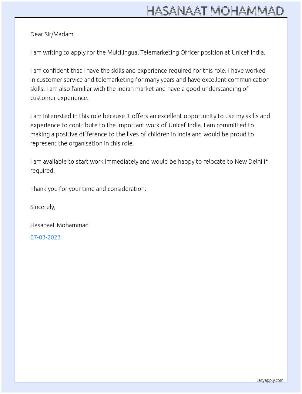 Multilingual telemarketing officer  At Unicef india  Cover Letter