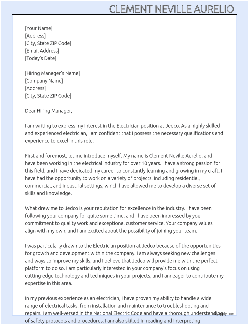 Electrician At Jedco Cover Letter