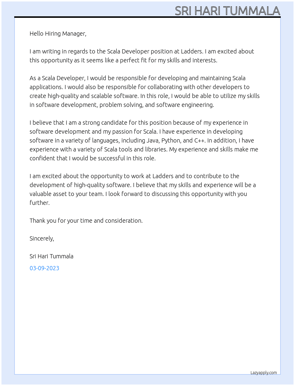 Scala Developer At Ladders Cover Letter