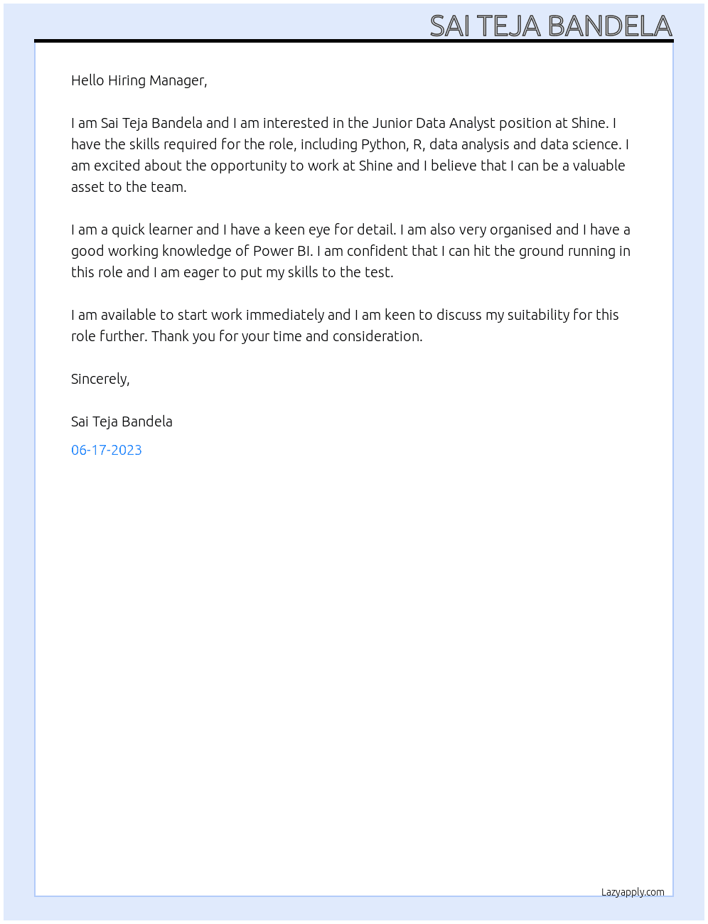 Junior Data Analyst At Shine Cover Letter