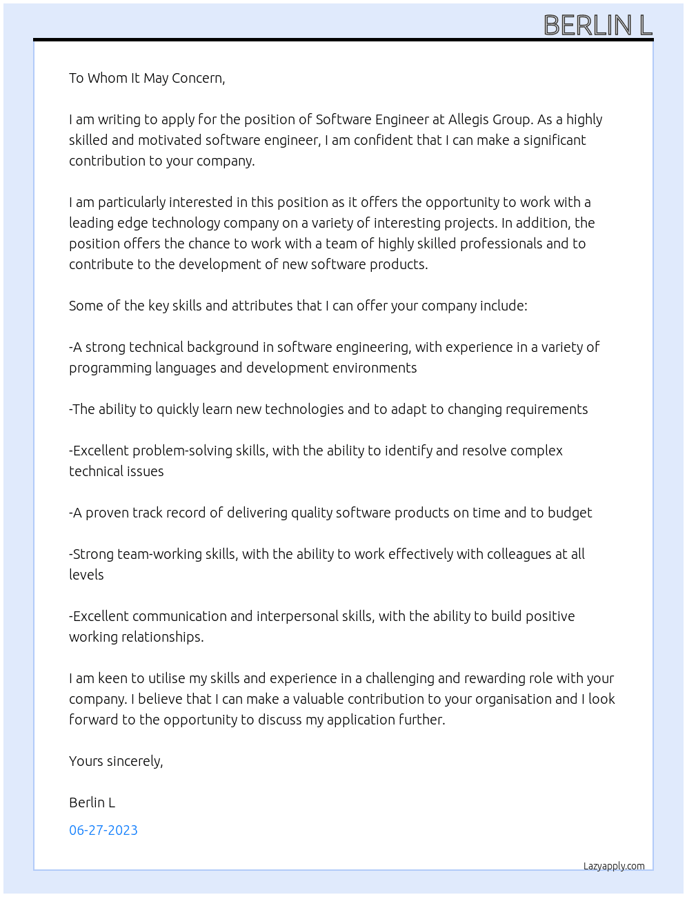 Software engineer  At Allegis Group  Cover Letter